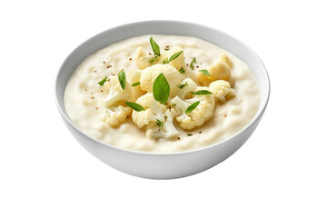 A bowl of creamy white cauliflower soup. isolated object, transparent background
