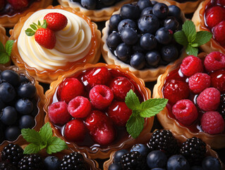 A top view background featuring an assortment of fruit and berry tartlets on a dessert tray. Colorful and beautiful pastry cakes sweets with fresh raspberries, figs, and strawberries.  Generative AI..