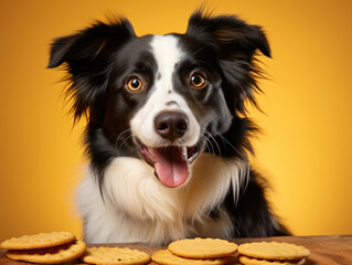 Isolated on a yellow background, a funny studio portrait captures the adorable smile of a cute puppy dog Border Collie. This new member of the family Generative AI..