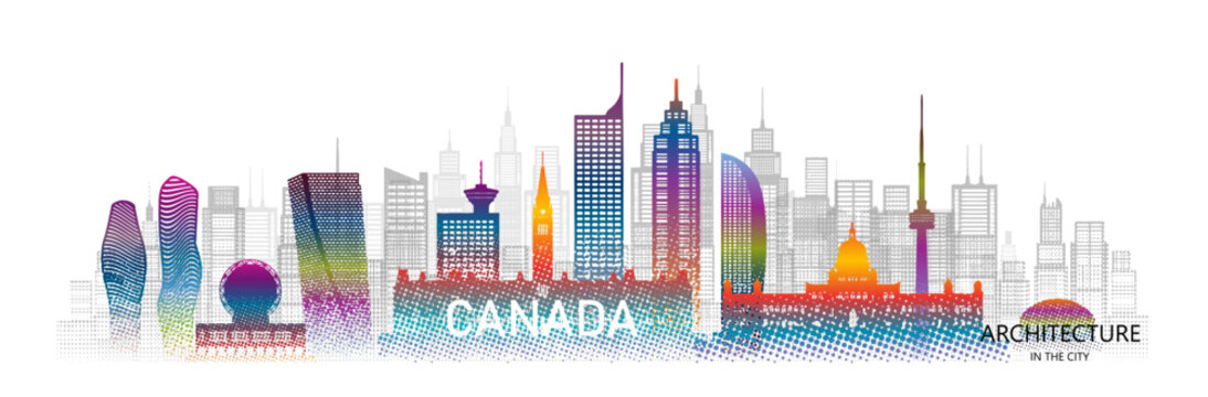 Travel architecture silhouette in Canada with colorful halftone style.