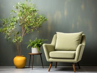 Immerse yourself in a soothing living room atmosphere by arranging a green armchair between a dandelion and a plant. Embrace the available copy space. Generative AI..
