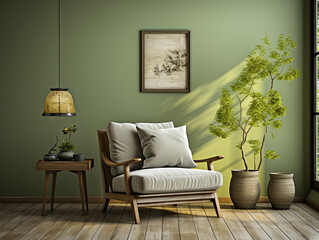 Transform your living room with a captivating green wall background, complemented by a sophisticated grey decorative chair, an elegant lamp, a framed middle table Generative AI..