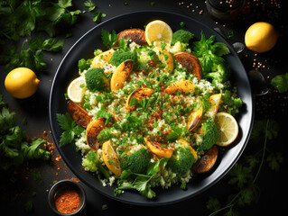 vegetarian food concept with a top view of a green vegetable vegan salad featuring spinach, mushrooms, broccoli, and nutritious quinoa. Generative AI..