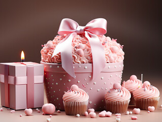 Heart, decoration render. 3d cupcake, Valentines day gift box objects. Cake. Generative AI