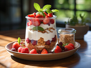 Healthy breakfast of strawberry parfaits over a rustic white table, made with fresh fruit, granola, and yogurt. Shallow depth of field with . Generative AI..