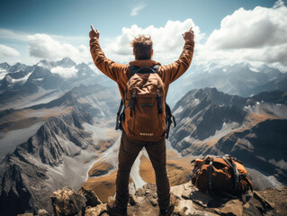 Experience the active sport concept through the journey of a hiker with backpacks, conquering the mountain peak. This achievement represents success, freedom  Generative AI..