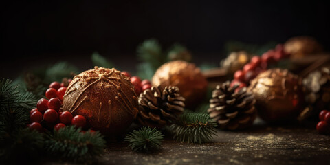 Christmas Decorations in Eco Friendly Style. Christmas Balls, Pine Cones, Red Christmas Berries and fir tree branches on a Wooden Table. Abstract Christmas and New Year Background