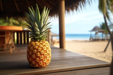 A ripe pineapple on a tiki bar