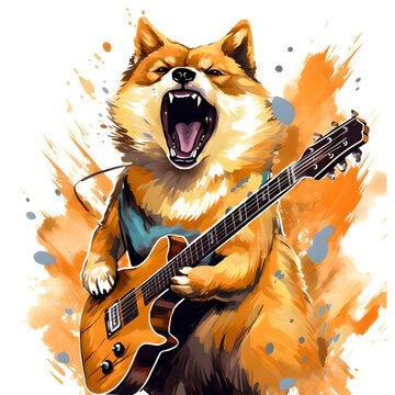 Shiba Inu dog is singing playing an electric guitar with mouth open digital painting colorful honeycore orange maroon cryptopunk