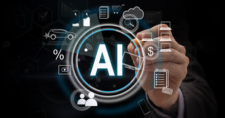 AI concept with a man on blurred city background