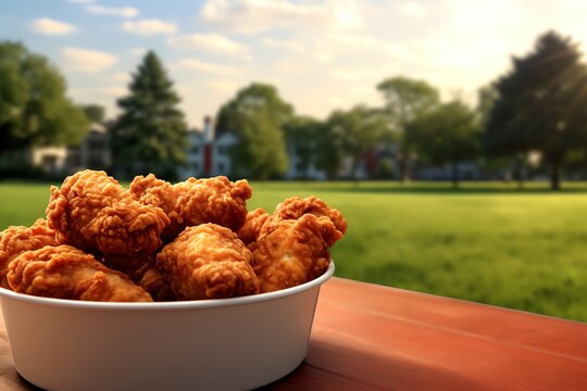 A bucket of fried chicken on a picnic table wallpaper