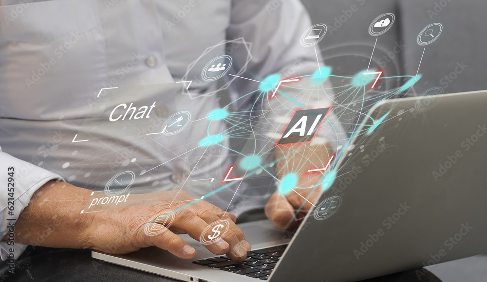 Poster chat ai concept, people using computer side view typing on laptop keyboard chat with ai or artificia