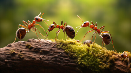 Macro photo of ants on mossy wood in rainy forest