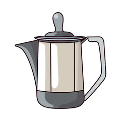 Teapot handle pours liquid into mug, isolated