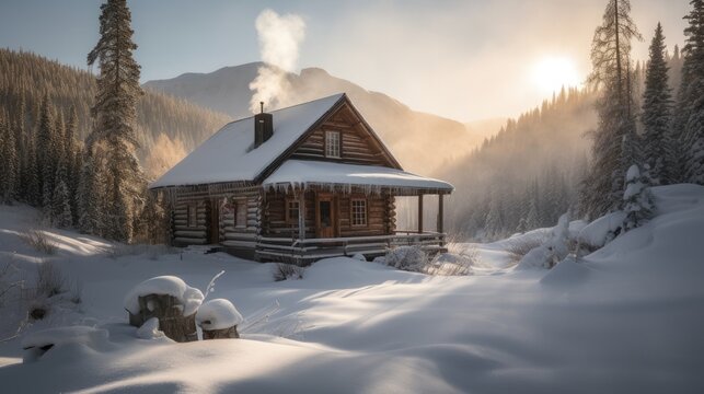 A cozy cabin nestled in a winter wonderland