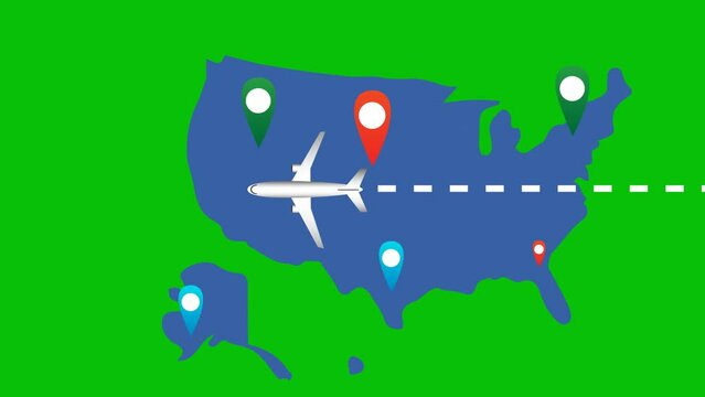 graphic animation of an airplane flying over maps of united states towards a destination point 4k video with green screen background