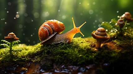 Macro photo of snail on mossy wood in rainy forest