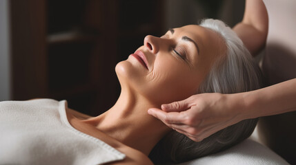 Mature woman with gray hair lies on a facial massage in a spa salon close-up. AI generation