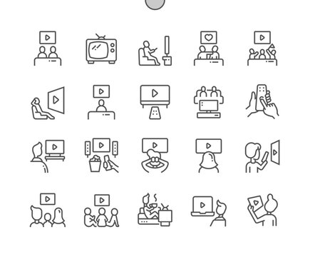 Watching tv. Home leisure. TV remote. Living room with furniture. People watching tv. Pixel Perfect Vector Thin Line Icons. Simple Minimal Pictogram