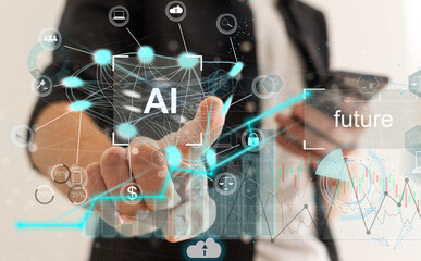 AI concept with a man on blurred city background