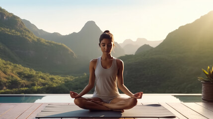 Naklejka na ściany i meble Young beautiful woman meditating on the mountain background , Young Female yoga in nature , Created with Generative Ai Technology
