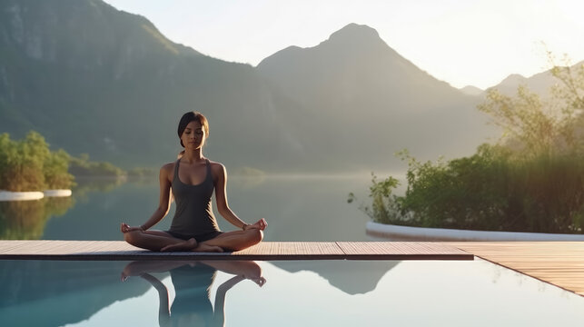 Young beautiful woman meditating on the mountain background , Young Female yoga in nature , Created with Generative Ai Technology