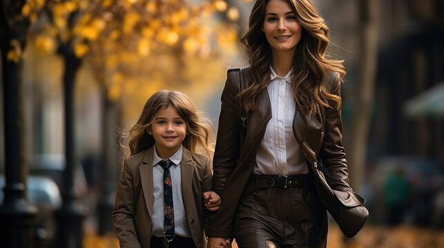 Young woman in black business suit and mask holds little girl in white dress by hand, go in city to school study, elementary class. Pupil wears large backpack goes home with mum together