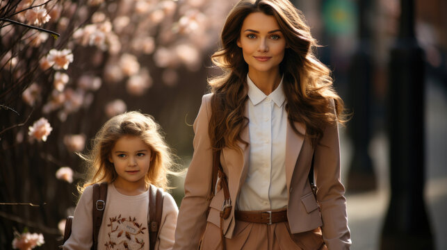 Mother in business suit walking with her child. Daughter To School Along Path in the city Happy Mother's Day concept background, Love family