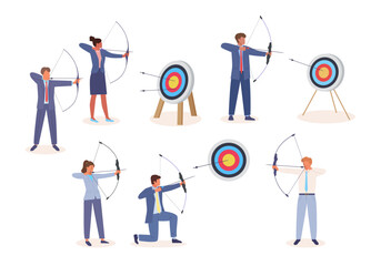 business archer. male and female office stuff employees shooting to target. vector business concept people with bows