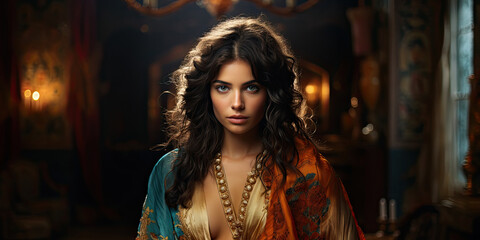 Portrait of a traditionally dressed woman of Indian origin wearing a saree or salwar kameez, beautiful close-up portrait young Indian woman