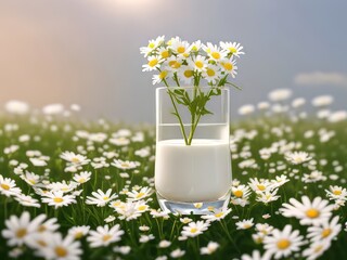 Un vaso de leche  entre margaritas