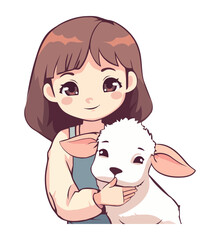Smiling child and sheep on a farm