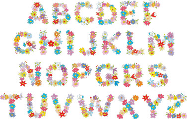 Cartoony English alphabet and summer floral font with colorful flowers, set of funny vector illustrations isolated on a white background