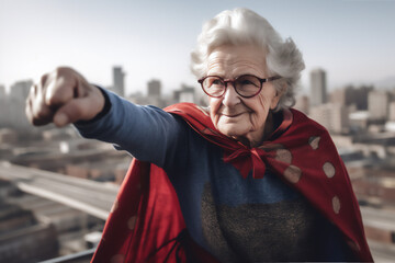 Elderly woman in a superhero costume posing in a city - 621456592