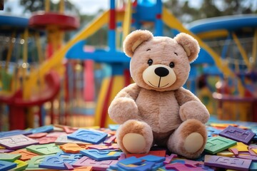 A teddy bear surrounded by colorful dollar bills