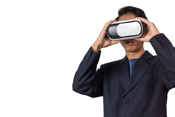 Man Wearing VR Glasses Explores a Digital World of Gaming and Innovation Virtual Environment Futuristic Technology Concept on white background.
