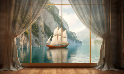  a window with a sailboat on the water outside of it.  generative ai