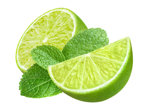 Delicious lime fruits with mint leaves, cut out