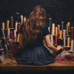A beautiful lady playing working with threads