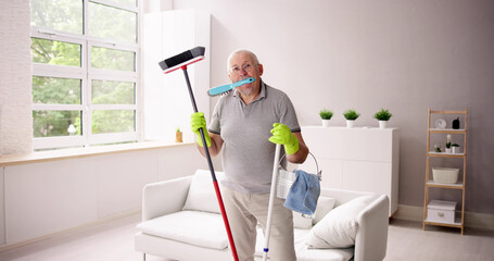 Funny Confused Cleaner Man In Various