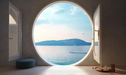 Obraz na płótnie Canvas a round window with a view of a body of water. generative ai