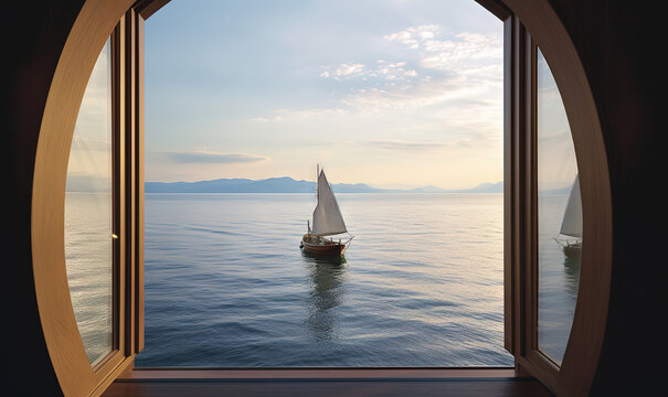 Fototapeta  a sailboat is seen through an open window on the water.  generative ai
