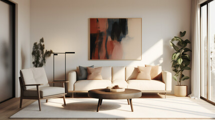 Stylish Living Room Interior with an Abstract Frame Poster, Modern Interior Design, 3D Render, 3D Illustration
