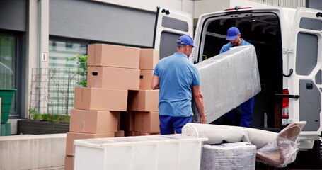 Male Workers In Blue Uniform Unloading Furniture