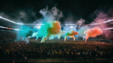 People crowd on music rock festival concert in stadium, big stage lit by spotlights