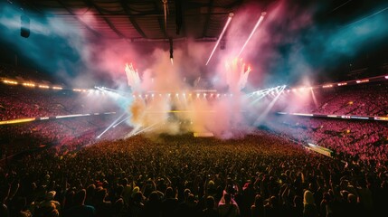 Fototapeta na wymiar People crowd on music rock festival concert in stadium, big stage lit by spotlights
