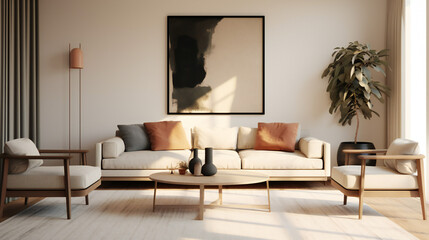 Stylish Living Room Interior with an Abstract Frame Poster, Modern Interior Design, 3D Render, 3D Illustration