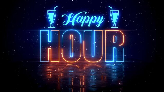 Festive Blue Orange Glowing Neon Light Happy Hour Text Reveal With Floor Reflection Amid The Falling Snow On Dark Background, 5-15 Seconds Seamless Loop