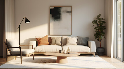 Stylish Living Room Interior with an Abstract Frame Poster, Modern Interior Design, 3D Render, 3D Illustration