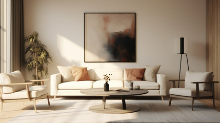 Stylish Living Room Interior with an Abstract Frame Poster, Modern Interior Design, 3D Render, 3D Illustration
